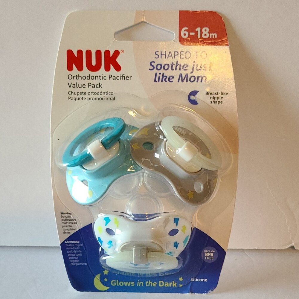 NUK GLOW IN THE DARK ORTHODONTIC PACIFIERS LIGHTNING BOLTS & STARS/ 6-18M 3/PACK